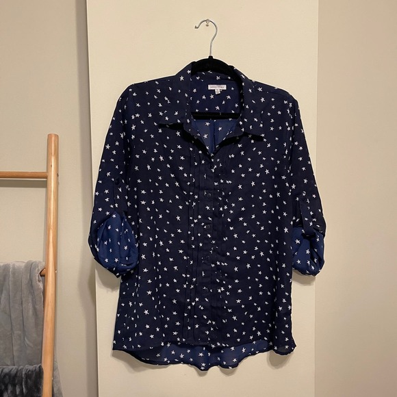 Larsen Gray Navy and White Star Button Down Blouse Size Medium - Picture 3 of 9